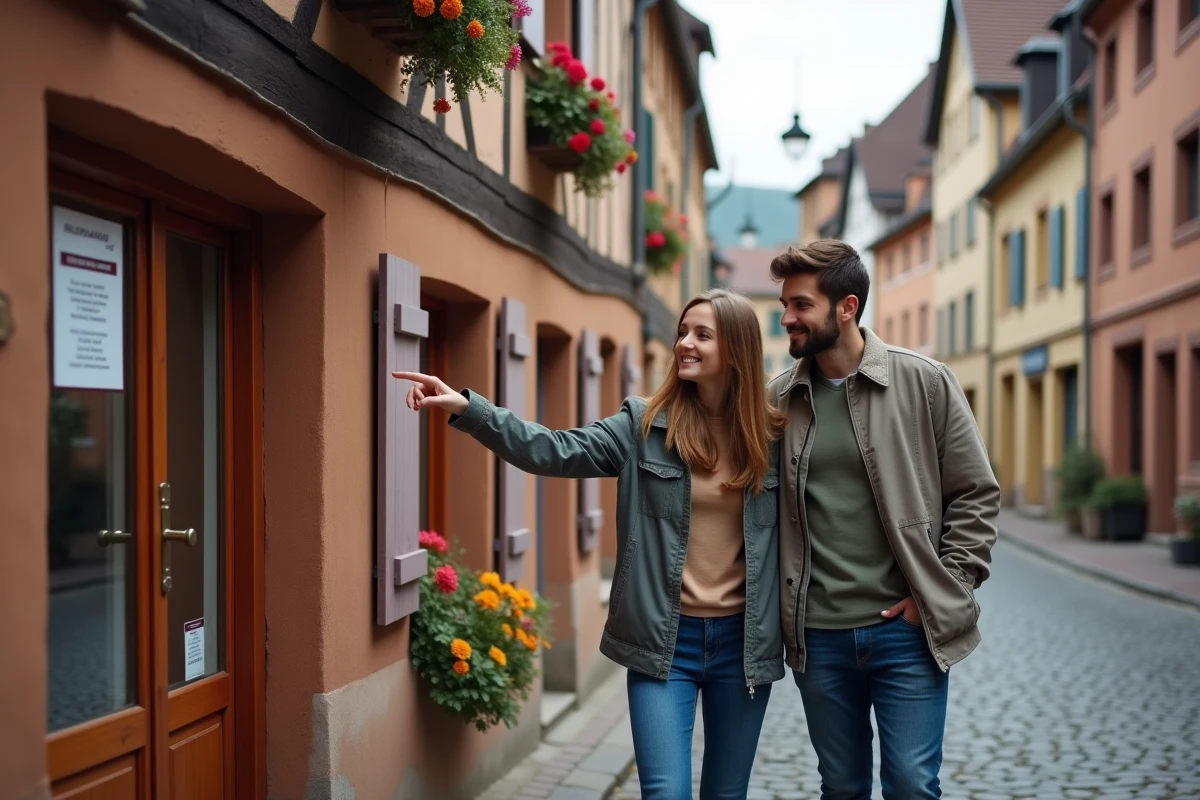 Jeune couple devant un immeuble alsacien à colombages consultant une annonce de location à Colmar
