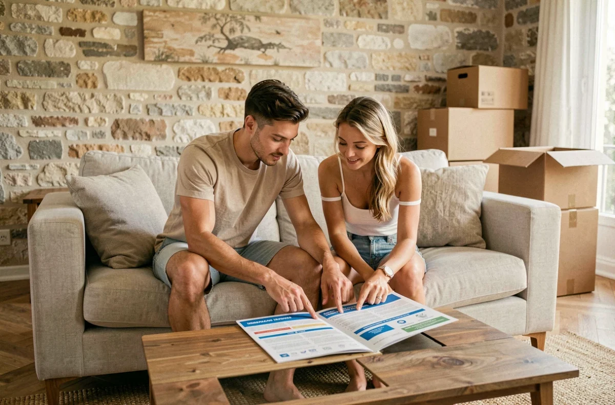 Couple comparant des contrats d'assurance habitation dans leur appartement à Nîmes après un déménagement