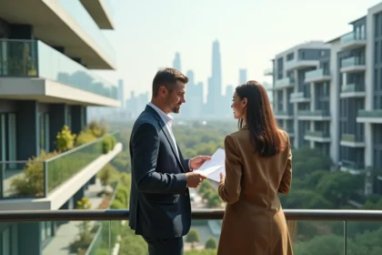 Couple discutant sur un balcon avec résidence moderne
