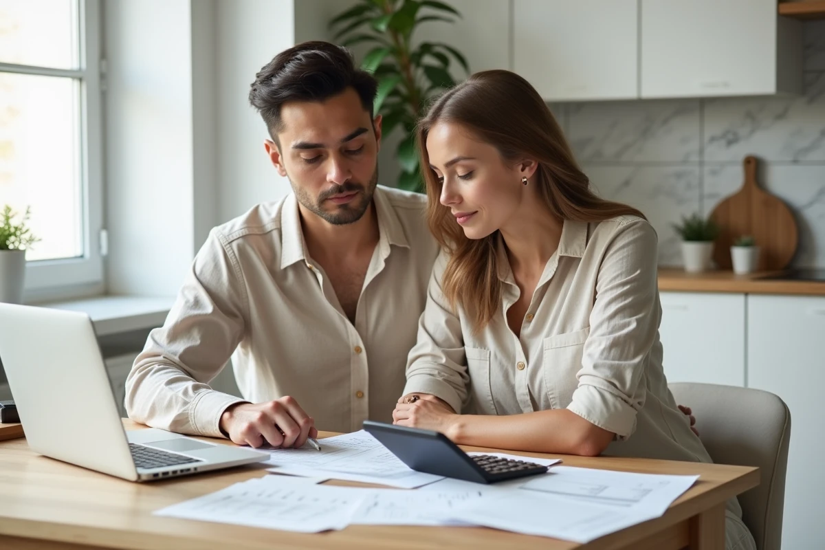 Couple étudiant le calcul de l'indemnité de remboursement anticipé de leur prêt immobilier à domicile