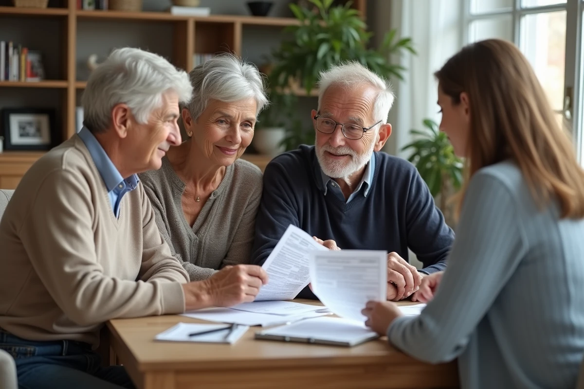 Couple senior consultant avec une conseillère fiscale à la maison