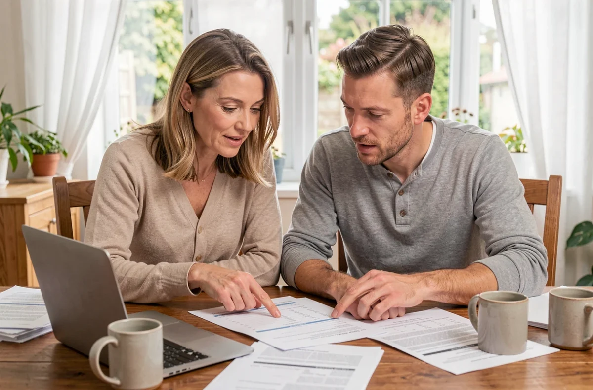 Couple de particuliers consultant un rapport d'estimation immobilière imprimé et un logiciel en ligne ensemble