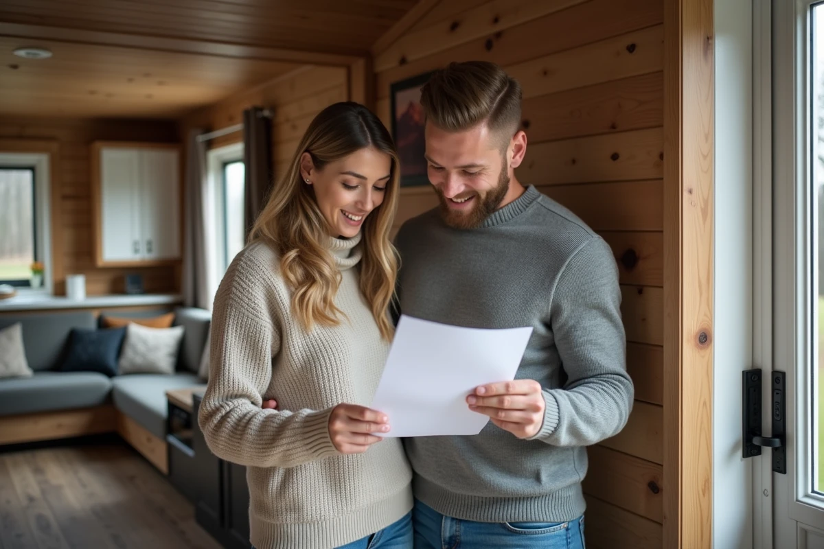 Jeune couple examinant un contrat de location dans le mobile home