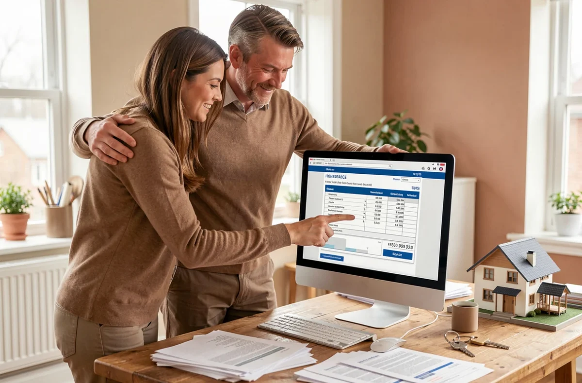 Couple obtenant un devis d'assurance habitation en ligne depuis leur bureau à domicile