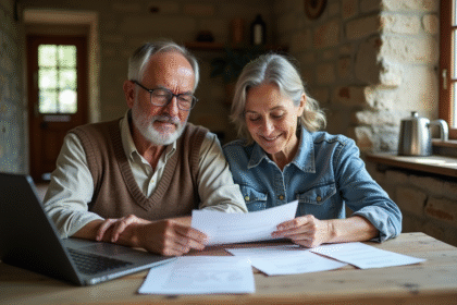 Couple d'adultes dans une cuisine rustique examinant des documents