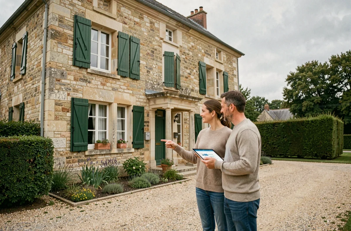Couple devant une maison en pierre française comparant le prix estimé sur une tablette avec la valeur réelle du bien immobilier