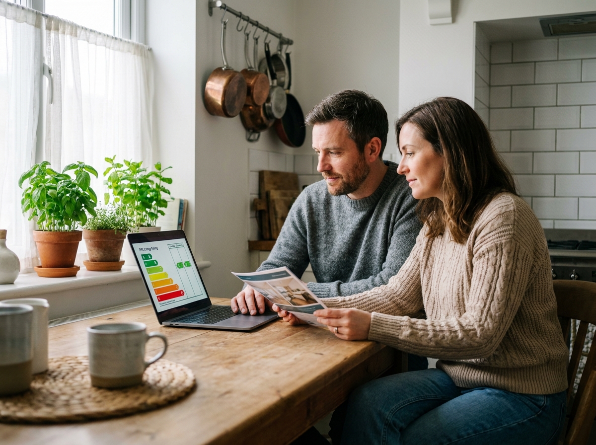Couple étudiant les classes énergétiques de biens immobiliers pour un investissement locatif