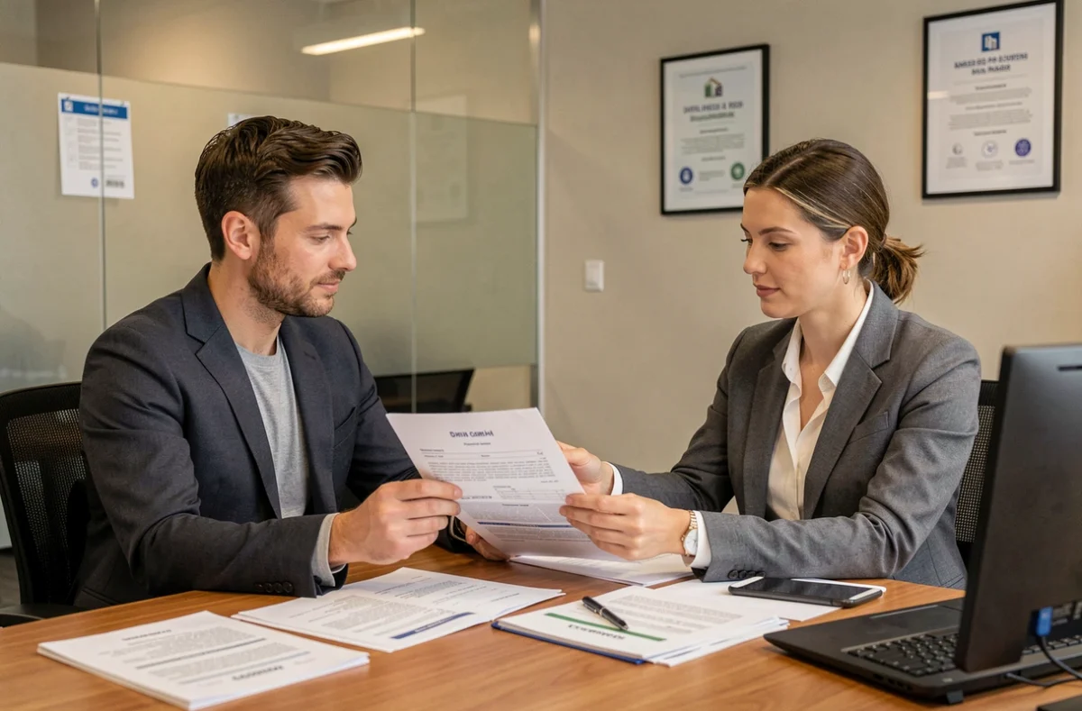 Couple de locataires signant un contrat d'assurance habitation dans une agence immobilière