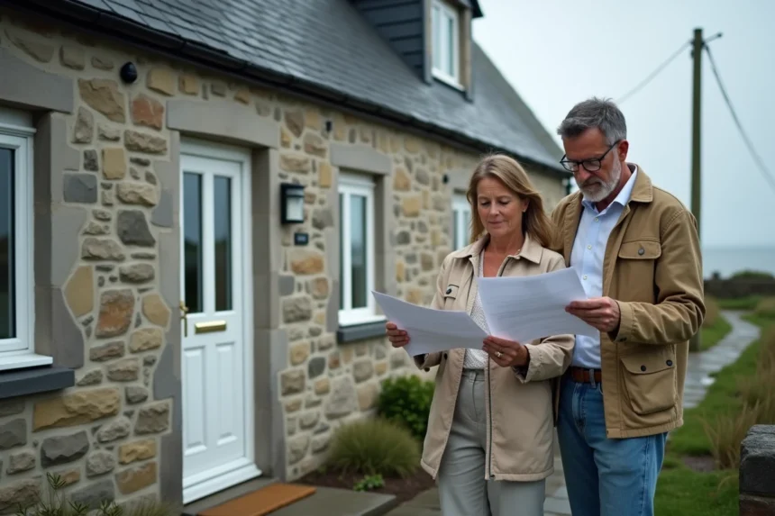 Couple examinant des documents devant une maison normande en pierre près de la mer avant signature