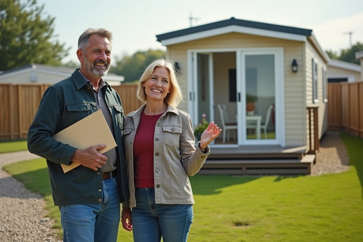 Couple souriant devant un mobilhome dans un parc verdoyant