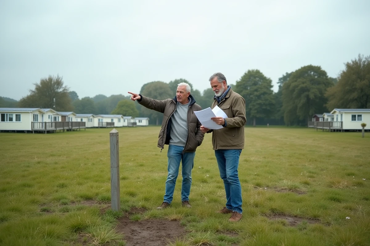 Couple examinant les limites d'une parcelle dans un parc résidentiel de loisirs avec plan cadastral en main