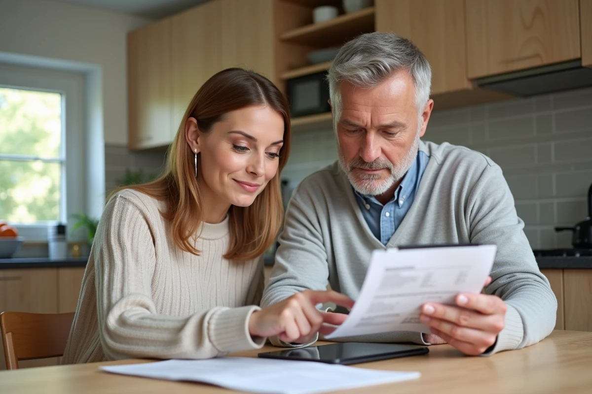 Couple de propriétaires consultant leur espace client MyFoncia sur tablette à domicile pour gérer leurs documents locatifs