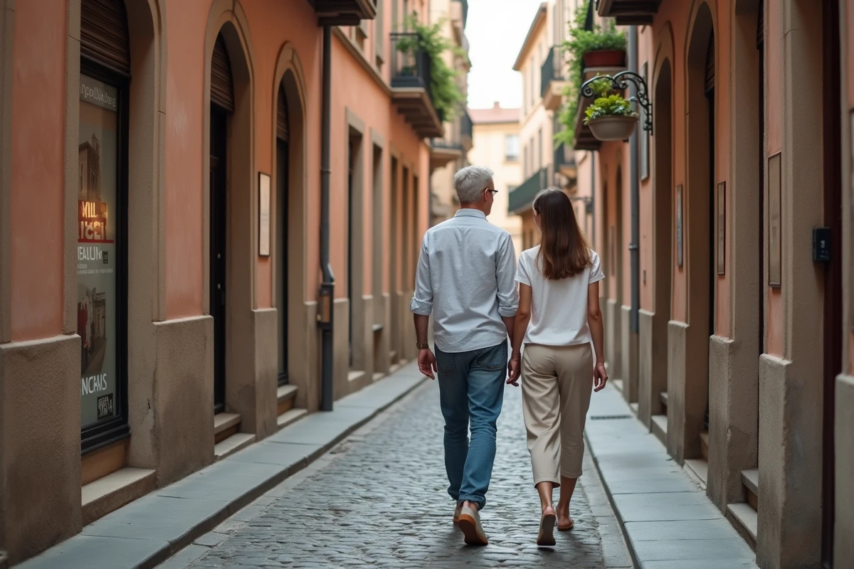Couple en train de consulter des annonces immobilières dans une vitrine d'agence rue pavée du quartier Carmes à Toulouse