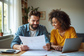Jeune couple discutant de rénovation dans un salon lumineux