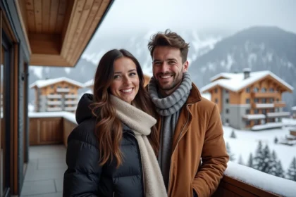 Couple élégant sur balcon avec vue montagne enneigée