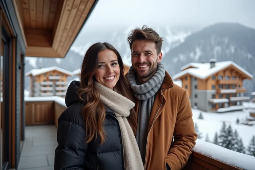 Couple élégant sur balcon avec vue montagne enneigée