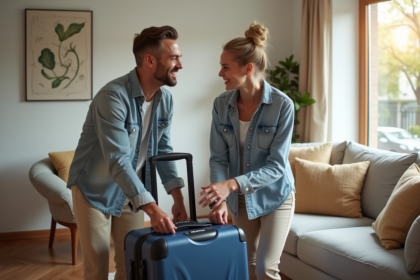 Jeune couple souriant dans un appartement cosy en vacances