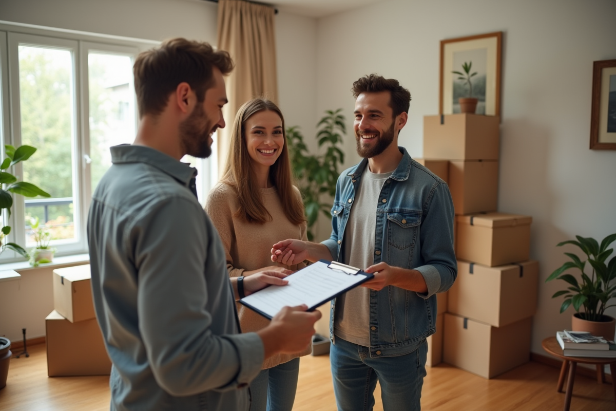 Jeune couple souriant vérifiant une liste avec un chef de déménagement