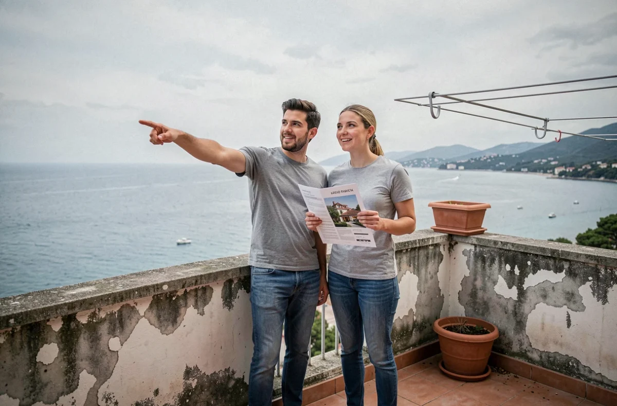 Couple sur le balcon d'un appartement avec vue sur la mer tenant un dossier immobilier