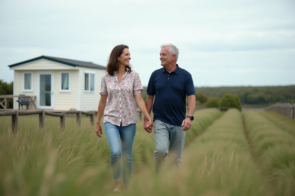 Couple visitant une parcelle de terrain avec mobil-home à vendre en Vendée, examinant le bien immobilier en plein air