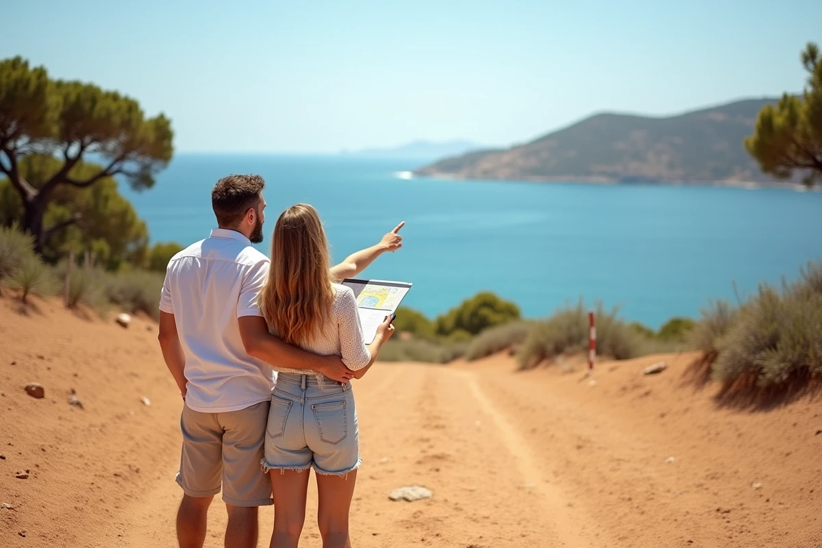 Couple visitant un terrain en bord de mer à vendre sur la Côte d'Azur en vue d'un investissement immobilier