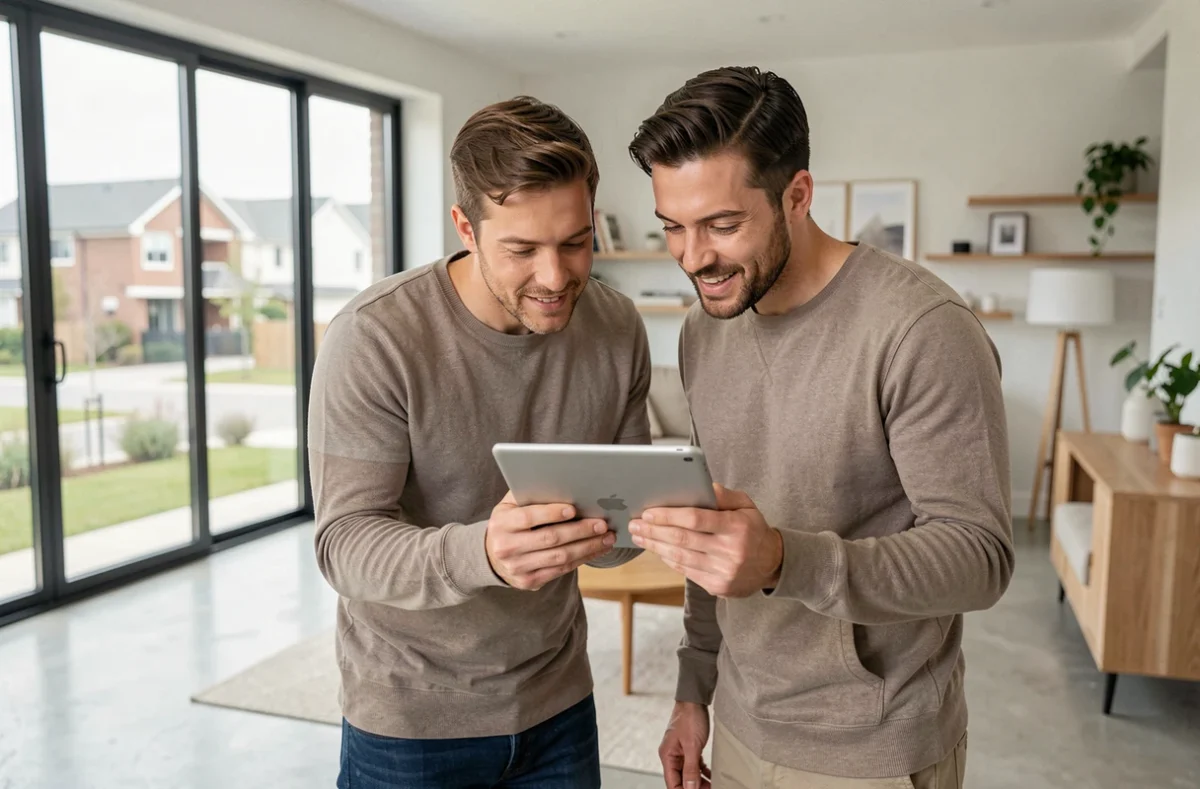 Couple explorant une visite virtuelle 360° d'une maison sur tablette pour faciliter leur décision d'achat immobilier