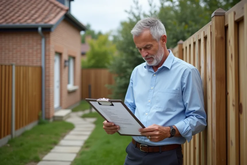 Propriétaire consultant un formulaire de déclaration préalable de travaux devant une clôture en bois dans un jardin résidentiel