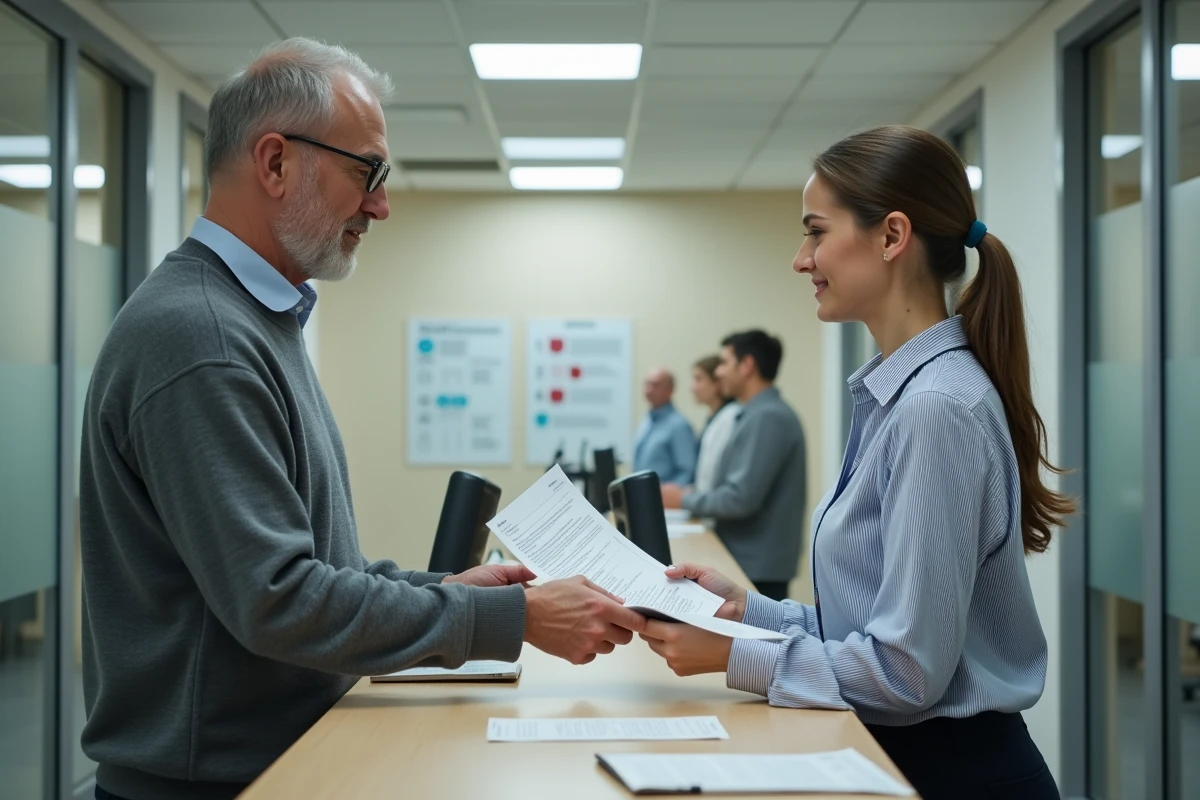 Homme déposant un formulaire 3233-SD au guichet d'un service administratif