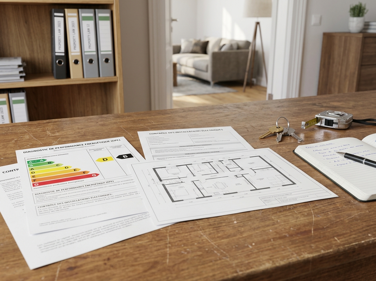 Documents de diagnostics immobiliers obligatoires posés sur un bureau pour une conversion de location nue en location meublée