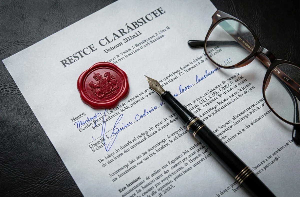 Gros plan sur un document notarié officiel avec cachet de cire rouge et annotations manuscrites pour un héritage