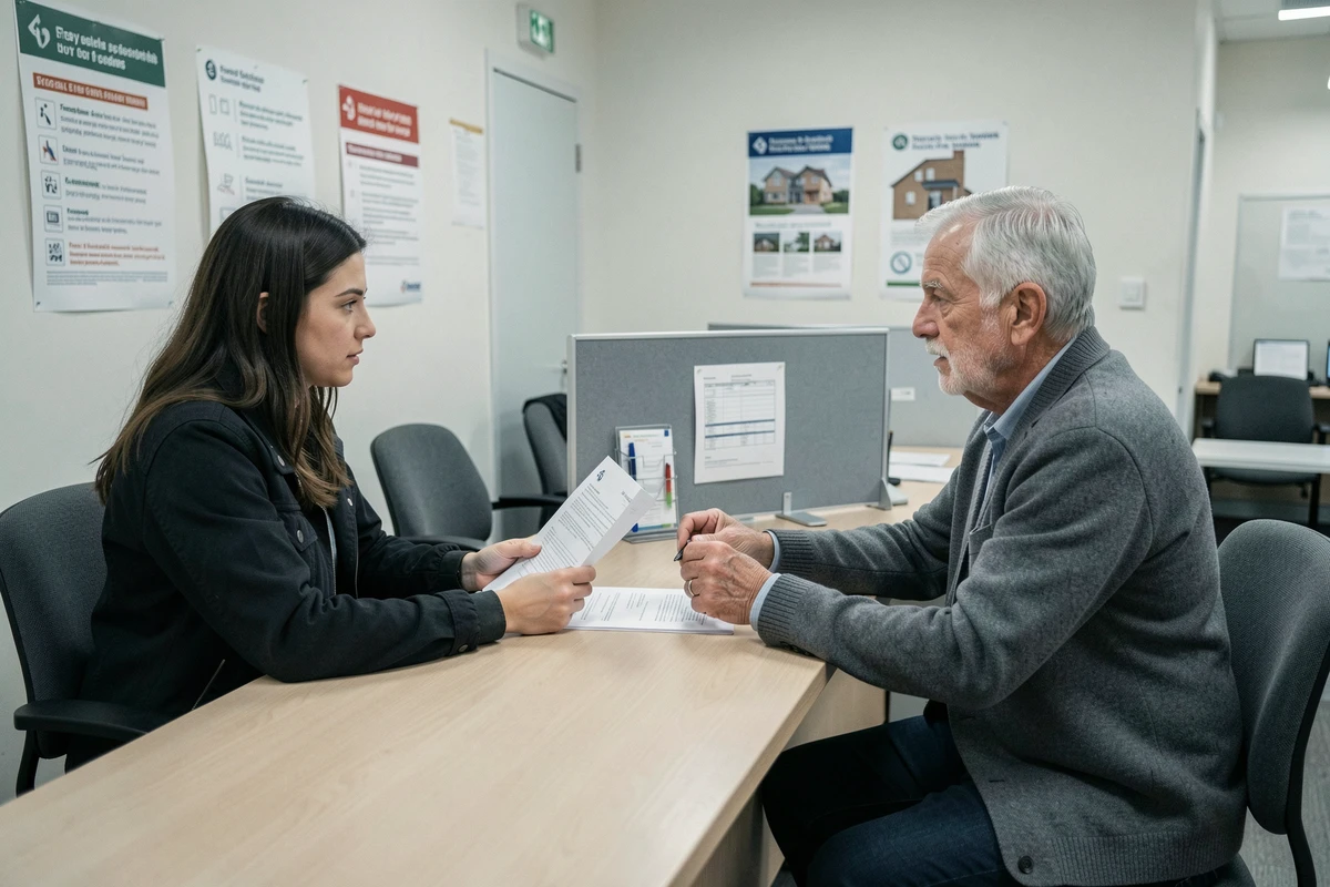 Deux personnes déposant un dossier logement avec numéro ALIN auprès d'un conseiller en office HLM
