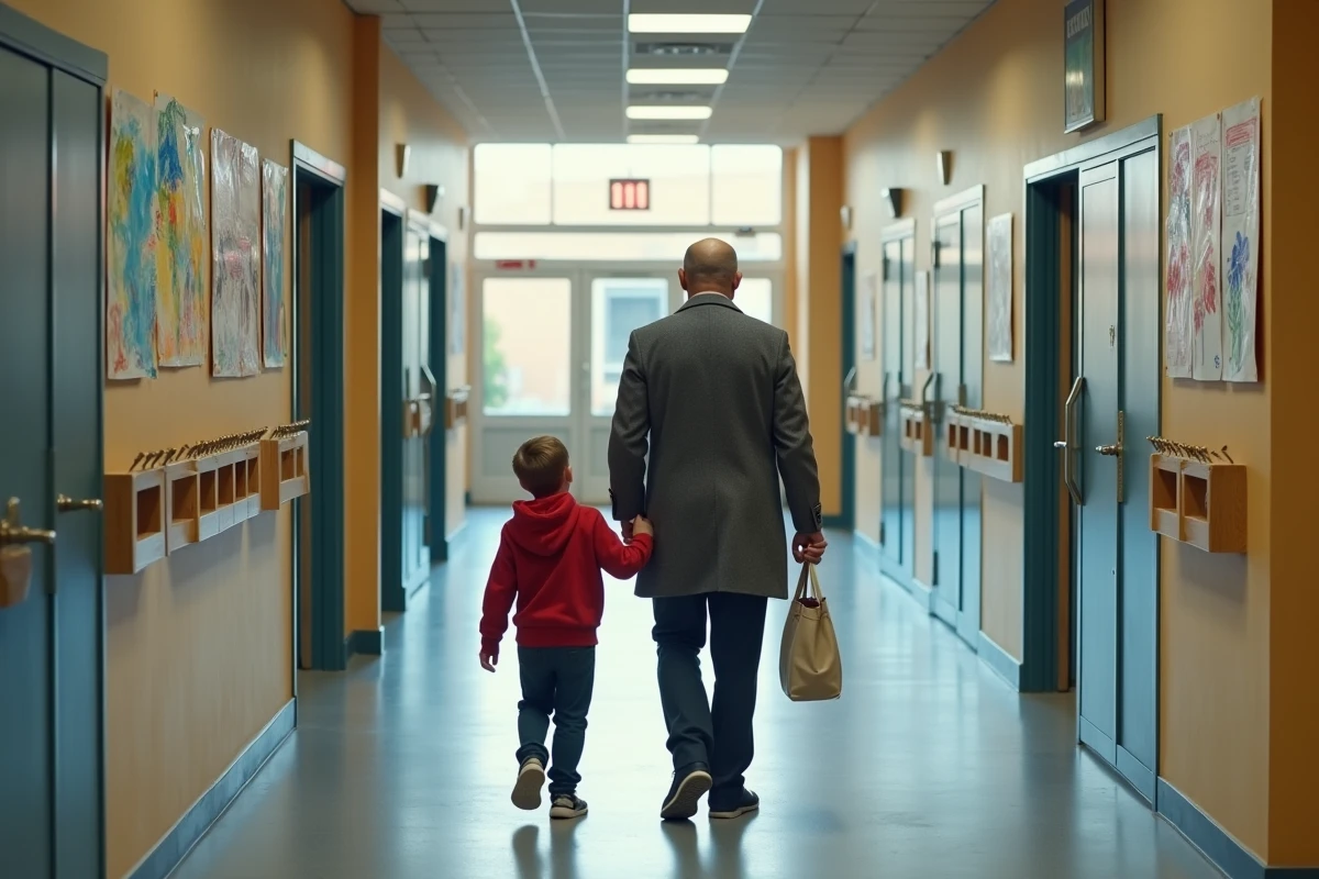 Père accompagnant son enfant à l'école primaire dans le quartier nord de Villeneuve-Saint-Georges