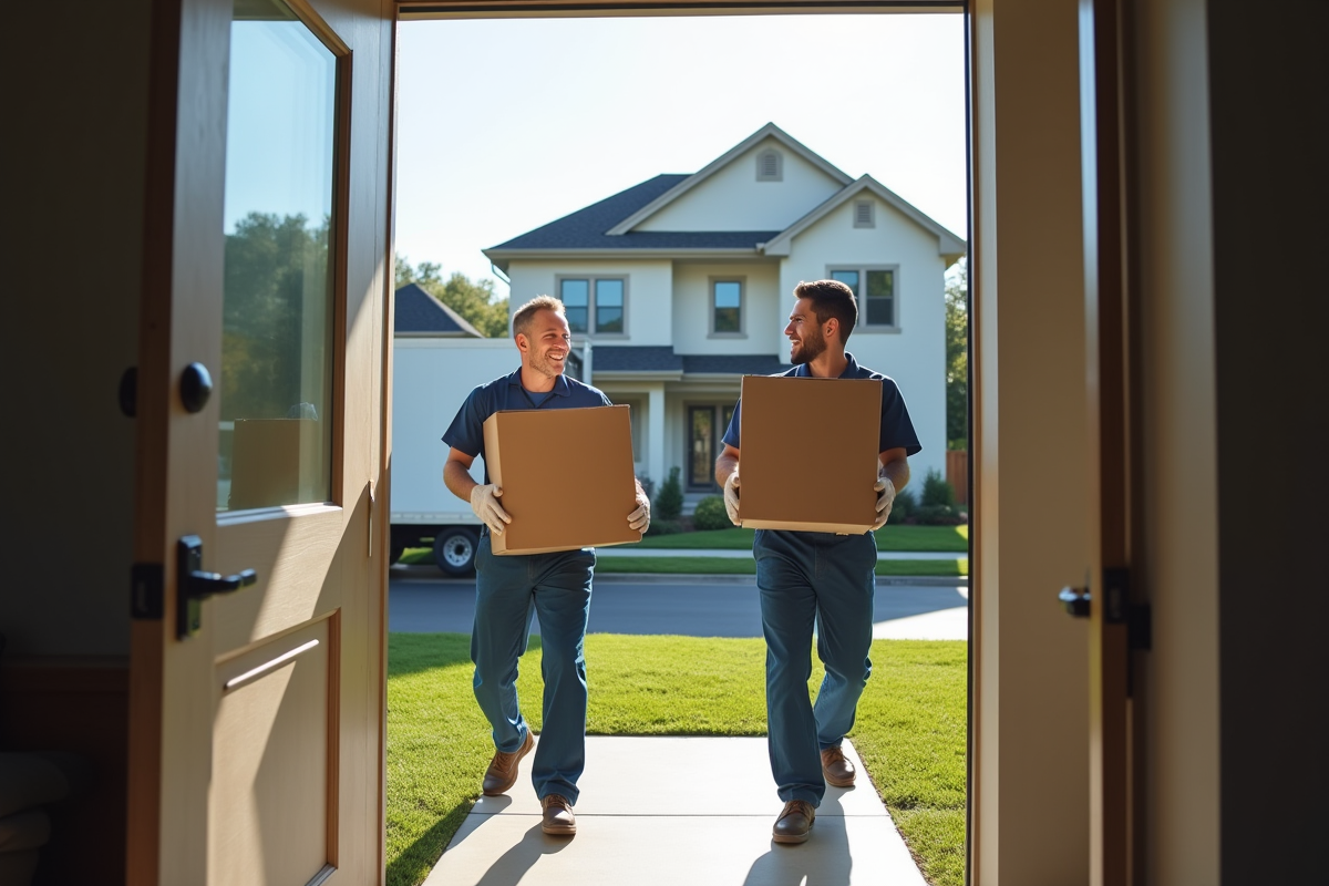 Groupe de monteurs professionnels en uniformes bleus lors d'un déménagement