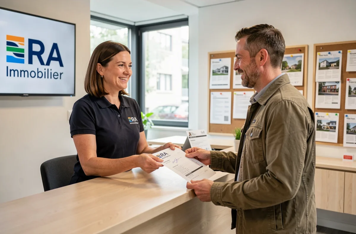 Agente ERA Immobilier finalisant rapidement une transaction immobilière avec un client satisfait dans une agence moderne