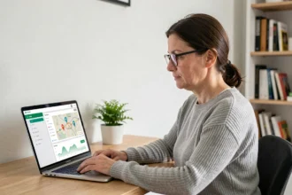 Femme utilisant un logiciel d'estimation immobilière sur laptop dans un bureau à domicile moderne
