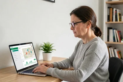 Femme utilisant un logiciel d'estimation immobilière sur laptop dans un bureau à domicile moderne