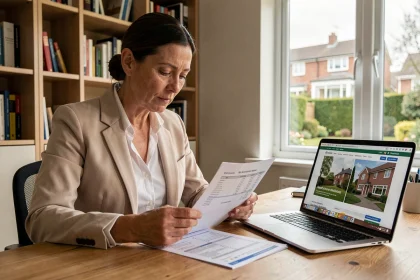 Femme consultant un rapport d'estimation de prix immobilier sur le site bricosuccess-immo.fr depuis son bureau à domicile