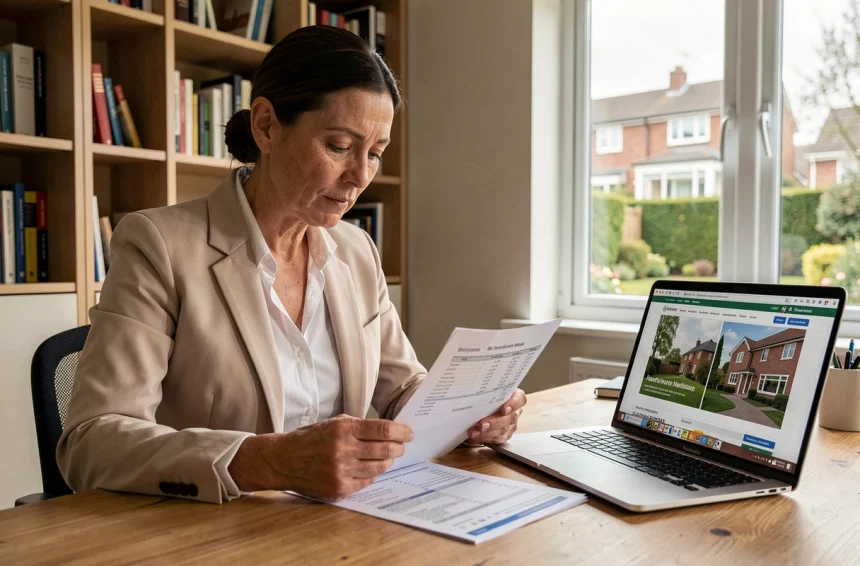 Femme consultant un rapport d'estimation de prix immobilier sur le site bricosuccess-immo.fr depuis son bureau à domicile