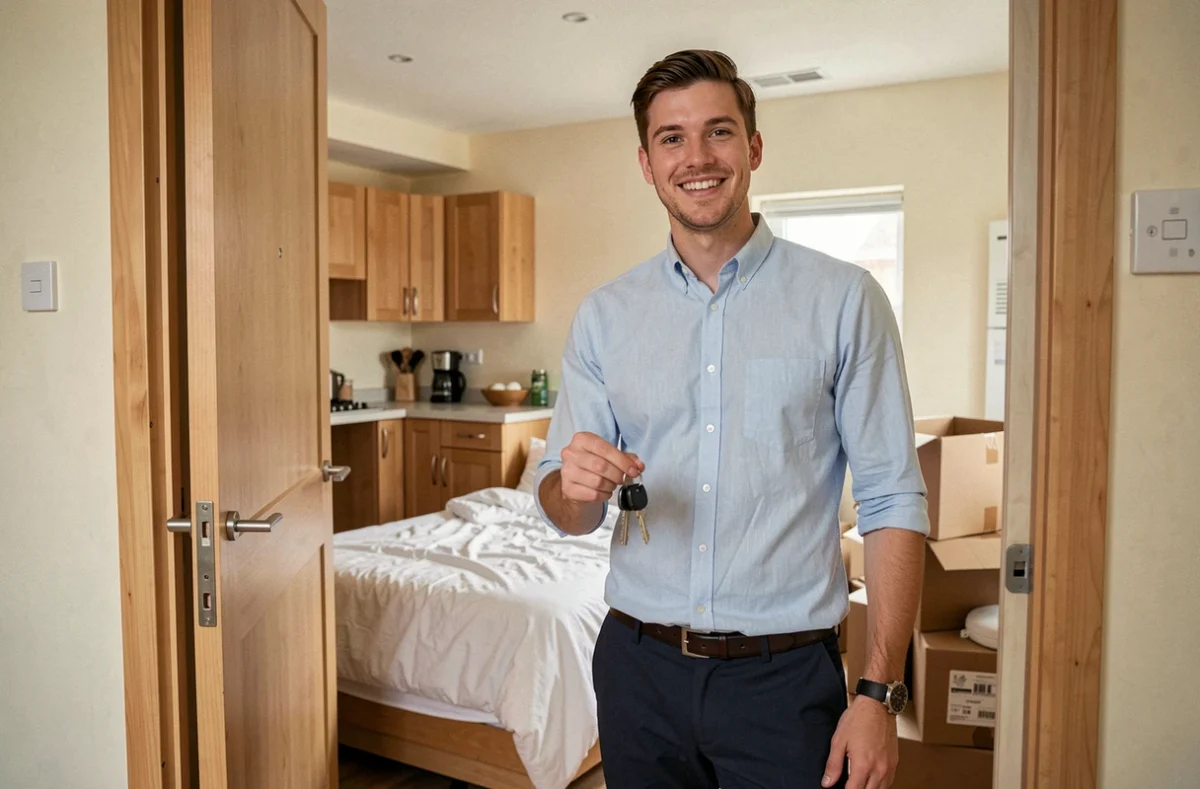 Jeune homme étudiant tenant des clés devant la porte de son studio meublé, prêt à emménager dans son premier logement