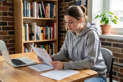 Étudiante en train de lire un contrat d'assurance locataire dans son appartement étudiant, documents posés sur un bureau en bois