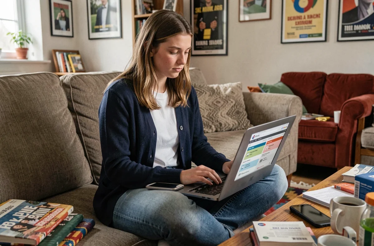 Étudiante comparant des offres d'assurance habitation sur un ordinateur portable dans un appartement en colocation