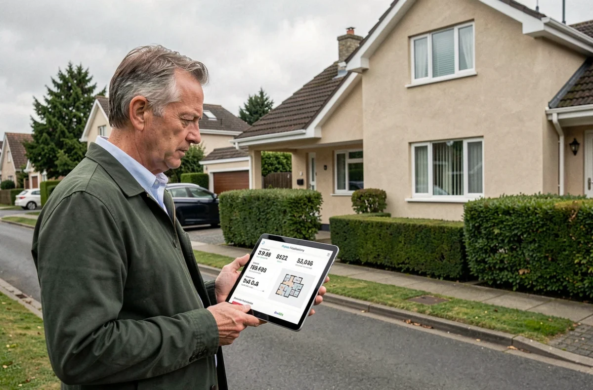 Particulier évaluant la valeur de sa maison avec un logiciel d'estimation immobilière sur tablette