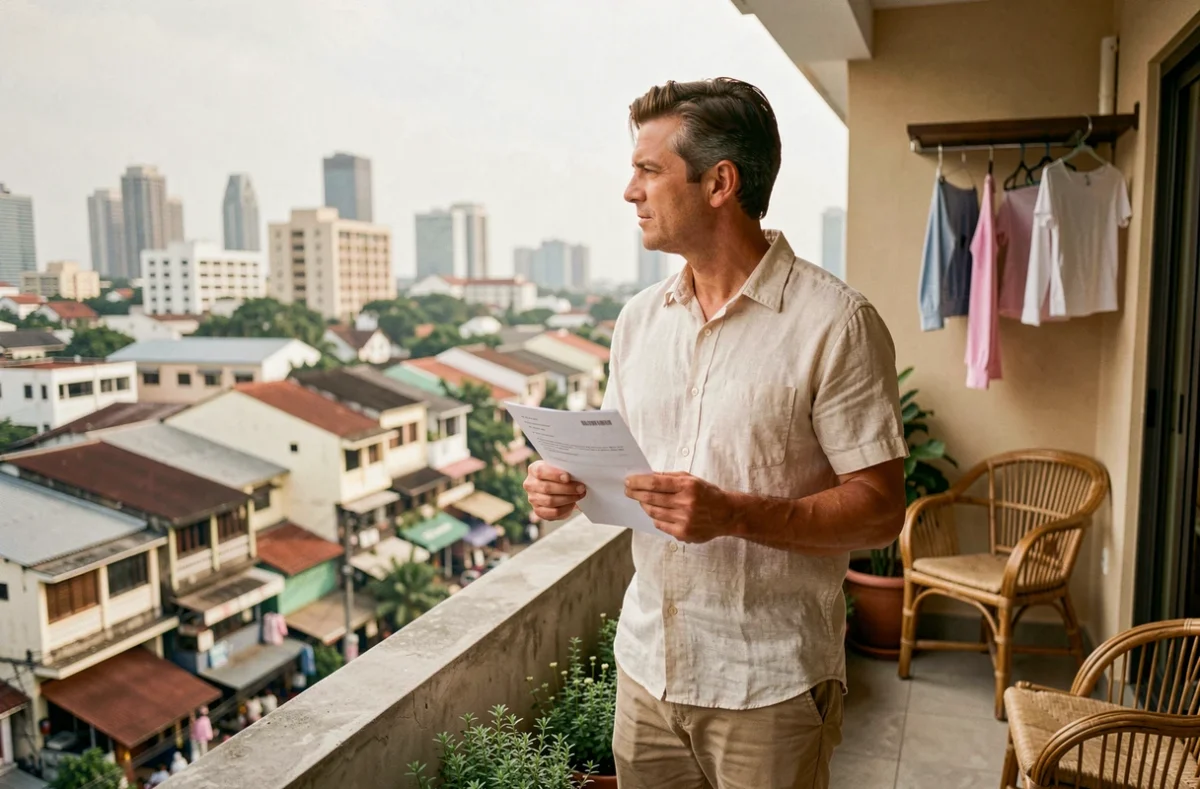 Expatrié occidental examinant un contrat de location d'appartement sur un balcon avec vue sur Bangkok