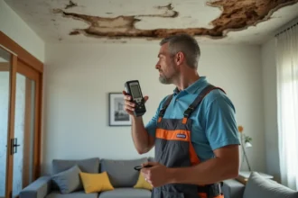Expert en réparation d'eau examine des taches sur plafond