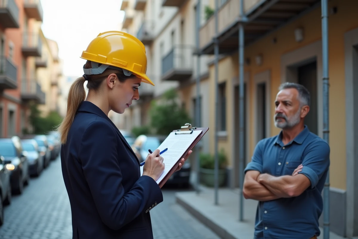 Expert judiciaire réalisant un constat de voisinage avant travaux devant un immeuble en rénovation