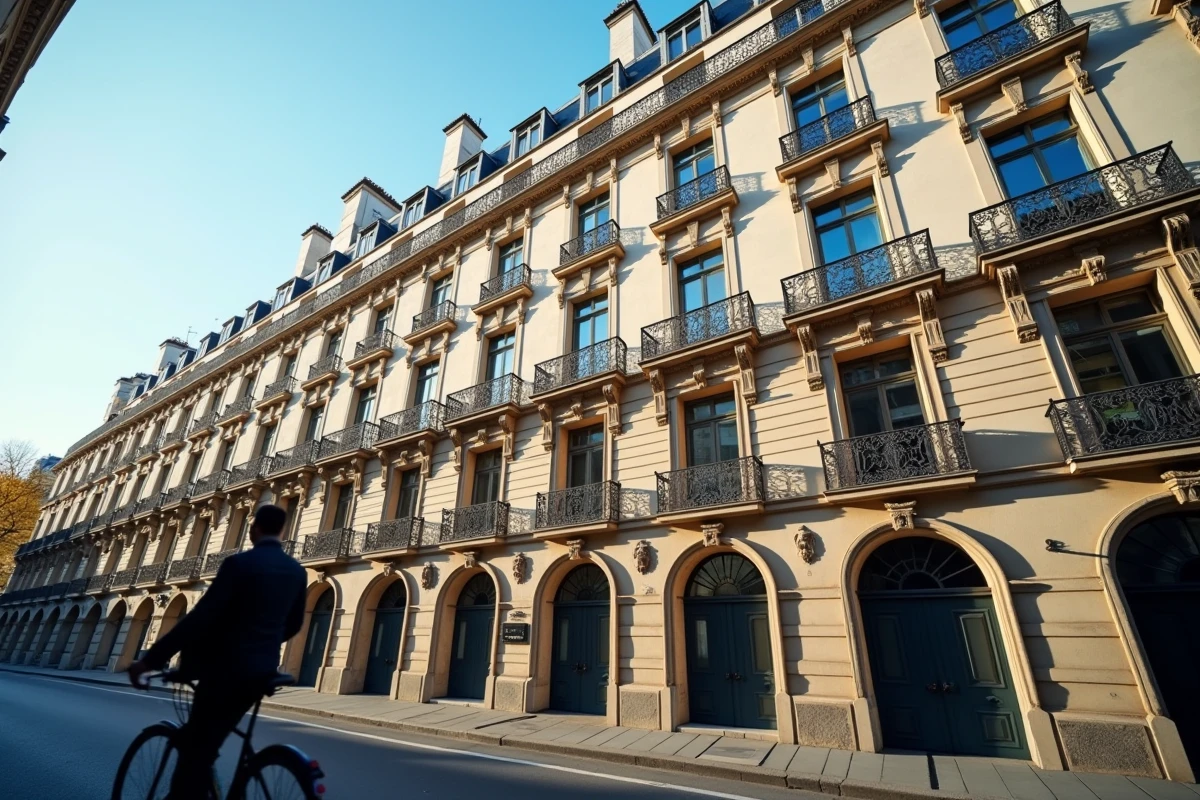 Façade d'immeuble haussmannien à Paris avec balcons en fer forgé et pierre de taille typique