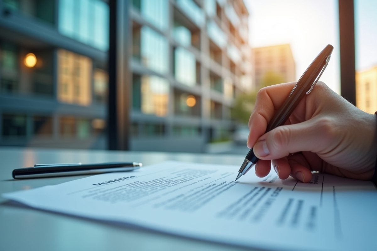 Façade d immeuble moderne avec stylo prêt à signer un document
