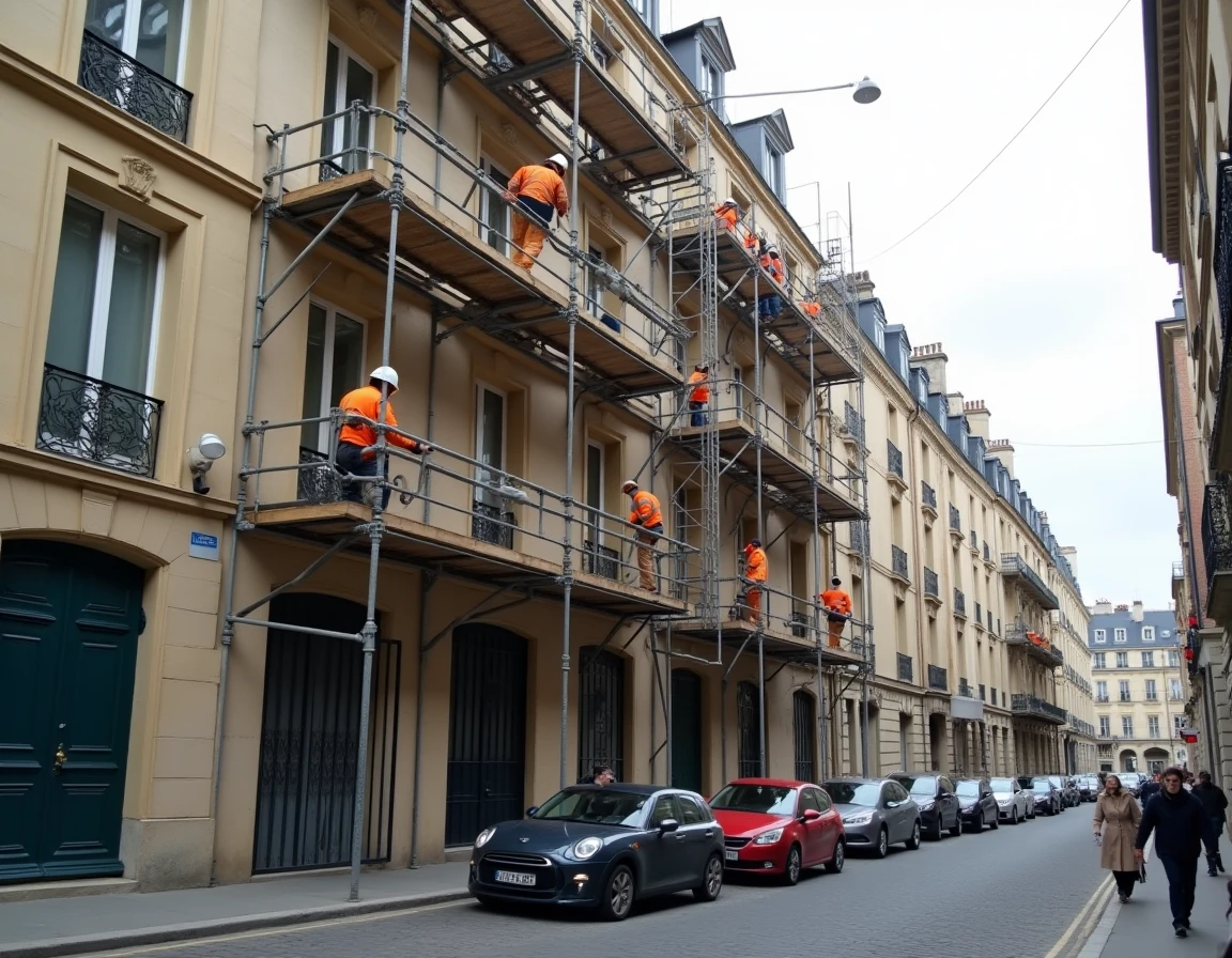 Façade haussmannienne en rénovation avec échafaudages et ouvriers dans une rue urbaine française