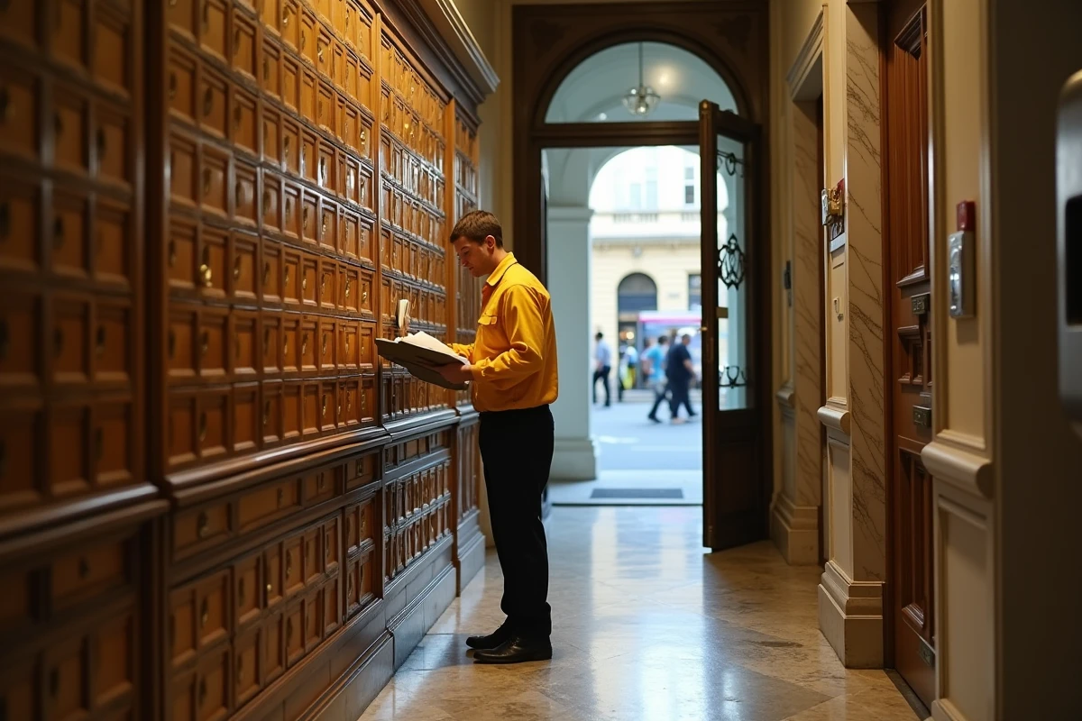 Facteur en uniforme La Poste distribuant le courrier dans le hall d'un immeuble parisien avec rangée de boîtes aux lettres