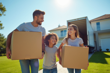 Famille heureuse sortant des cartons devant leur maison moderne